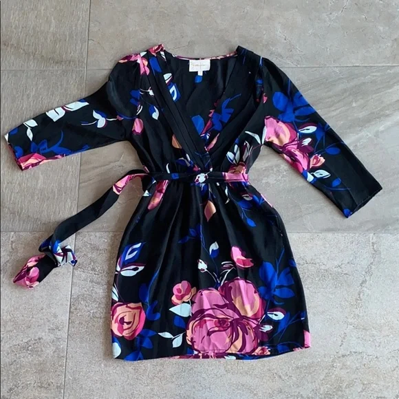 Anthropologie Yumi Kim Black Floral 3/4 Slv Dress - Picture 3 of 5